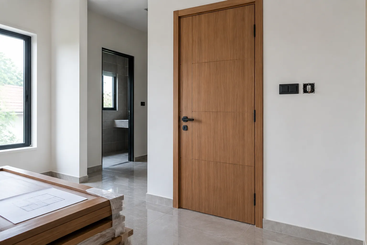 Pintu kayu terpasang di lorong rumah dekat kamar mandi