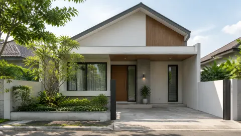 Fasad rumah satu lantai dengan atap miring dan taman depan