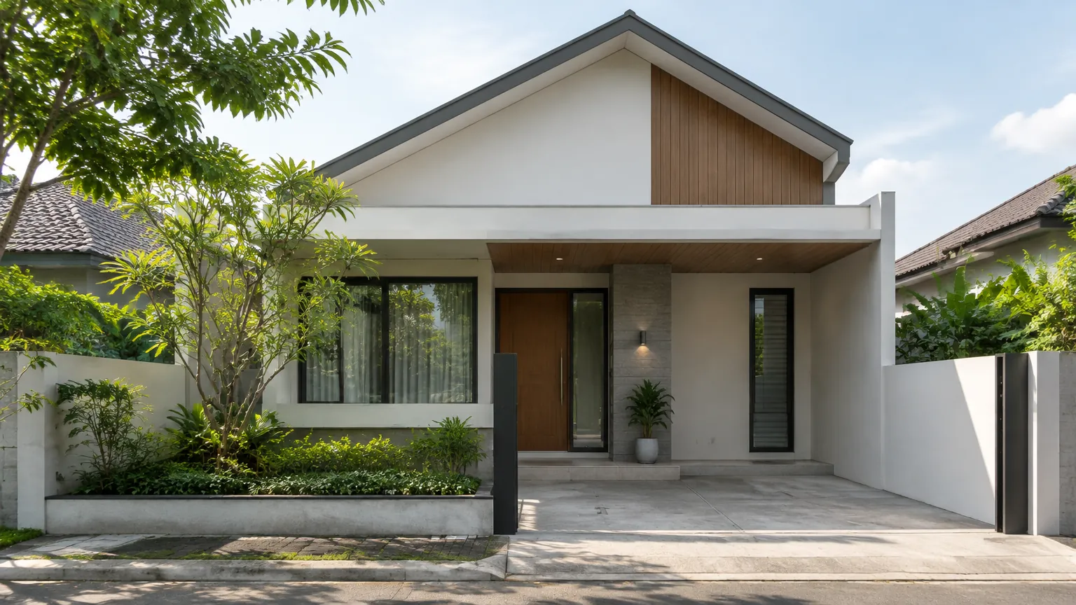 Fasad rumah satu lantai dengan atap miring dan taman depan