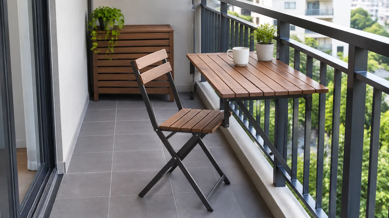 Meja dan kursi lipat kayu di balkon sempit