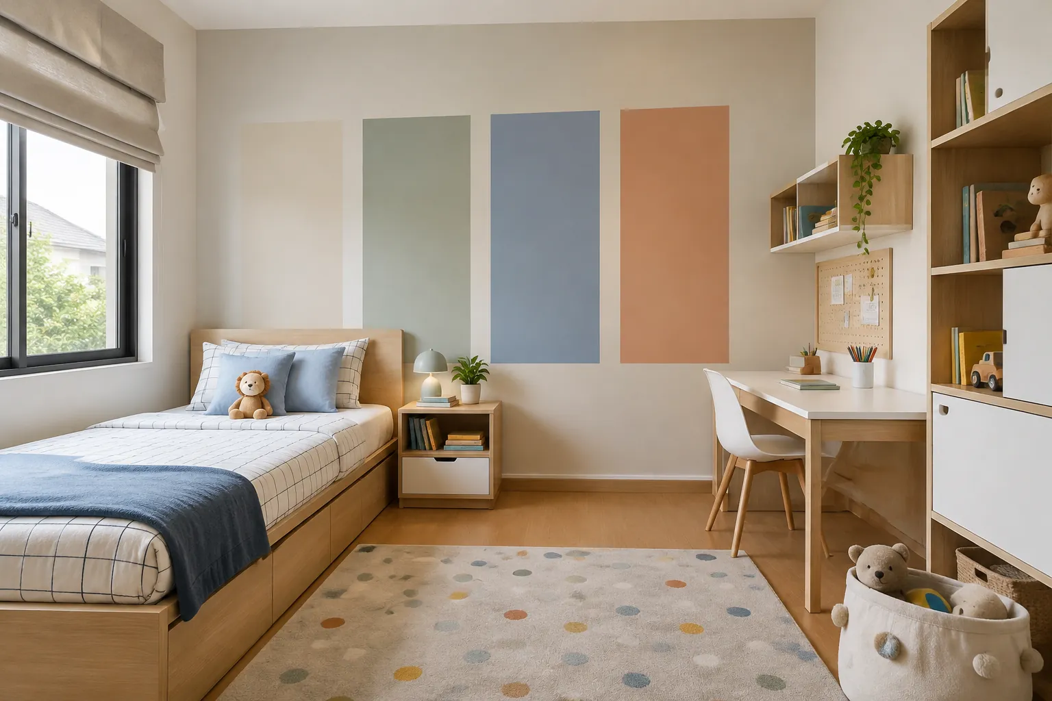 Contoh warna utama dan aksen ditampilkan pada dinding kamar anak