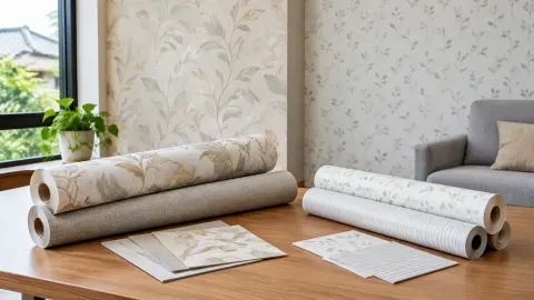 Beberapa gulung wallpaper bermotif dan sampel di ruang tamu