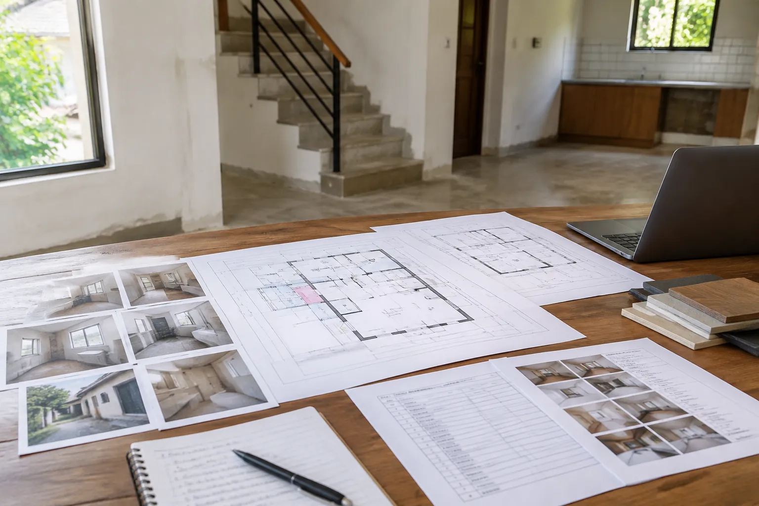 Denah dan foto rumah sebelum renovasi di atas meja