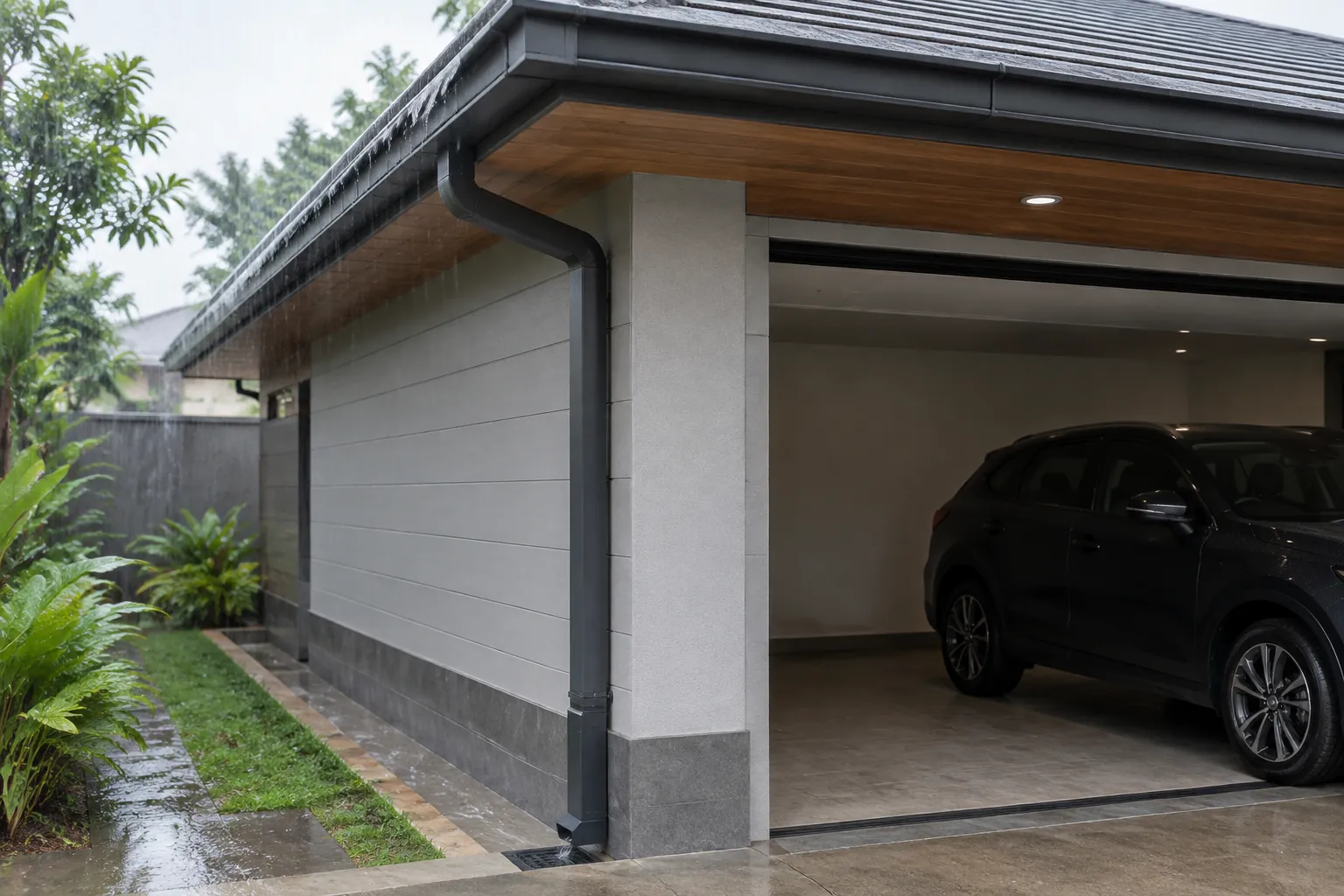 Garasi rumah beratap dengan mobil dan jalur air di tepi halaman