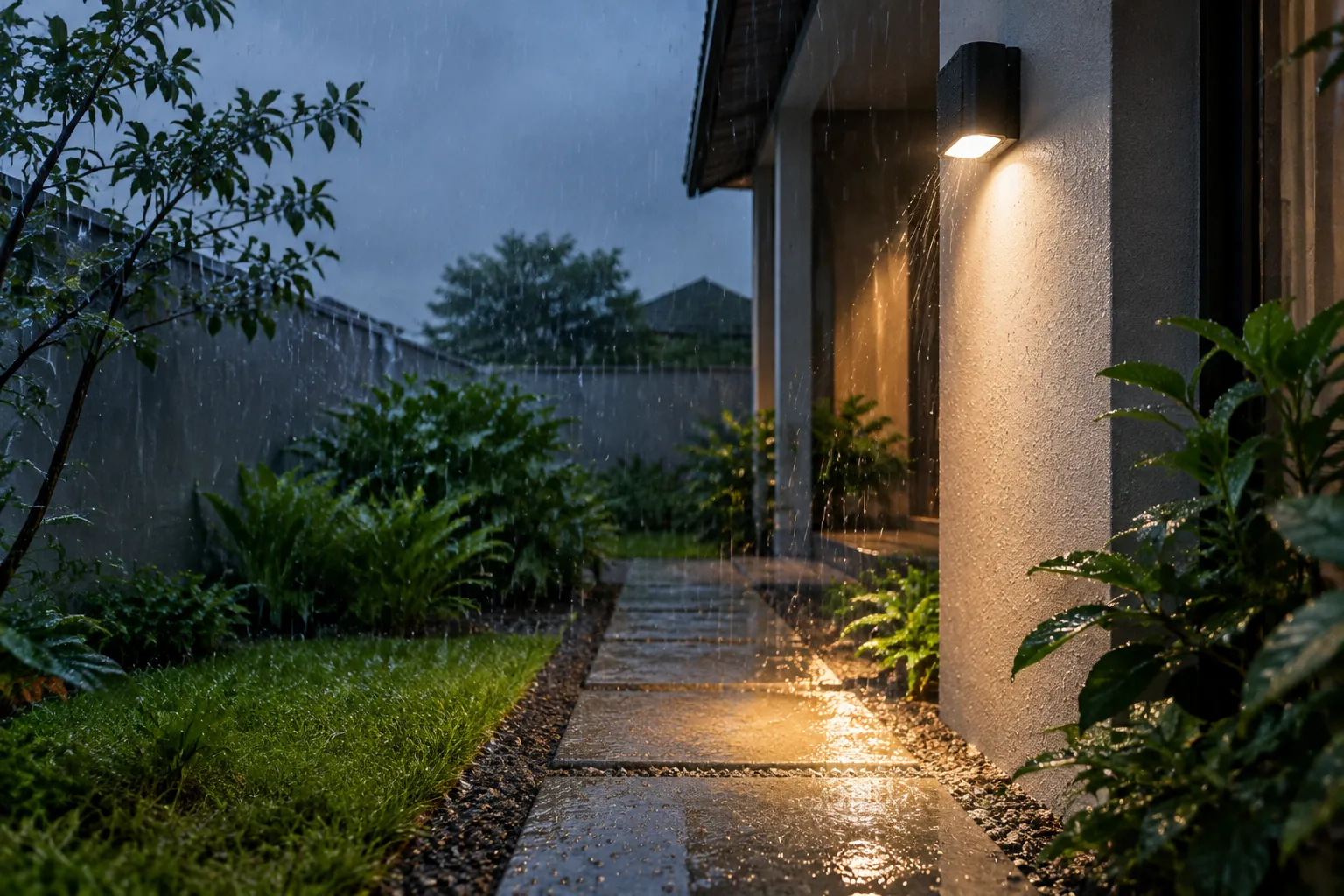 Lampu luar rumah menerangi jalur saat hujan