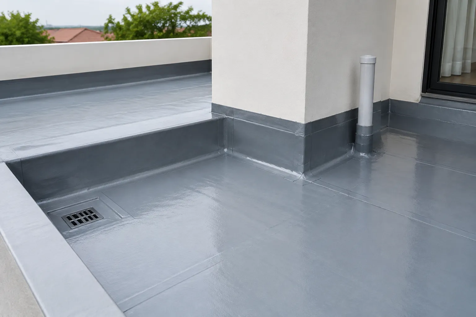 Permukaan balkon terlindungi dengan saluran lantai terlihat di sudut