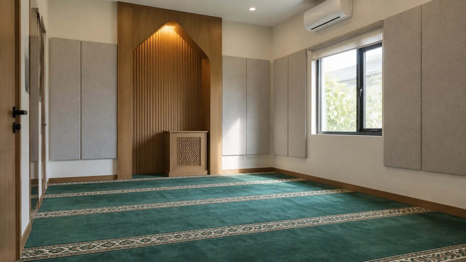 Mushola berkarpet hijau dengan panel dinding penyerap bunyi