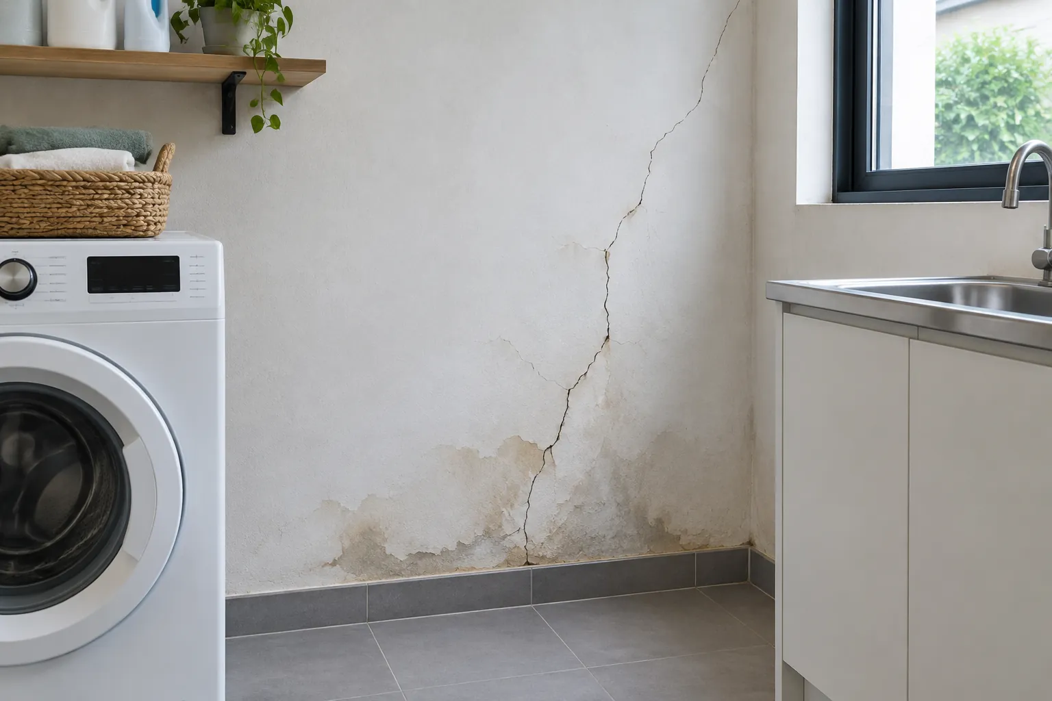 Retakan dinding laundry di dekat mesin cuci