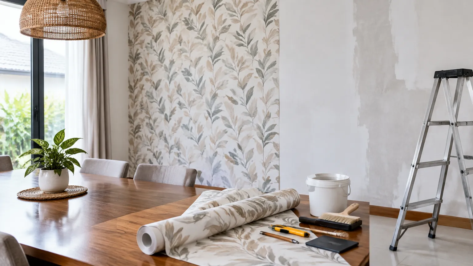 Ruang makan dengan sebagian wallpaper terpasang dan gulungan bahan di meja