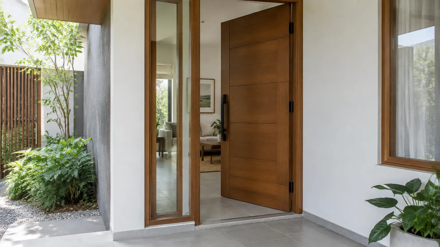 Pintu kayu terbuka pada pintu masuk rumah