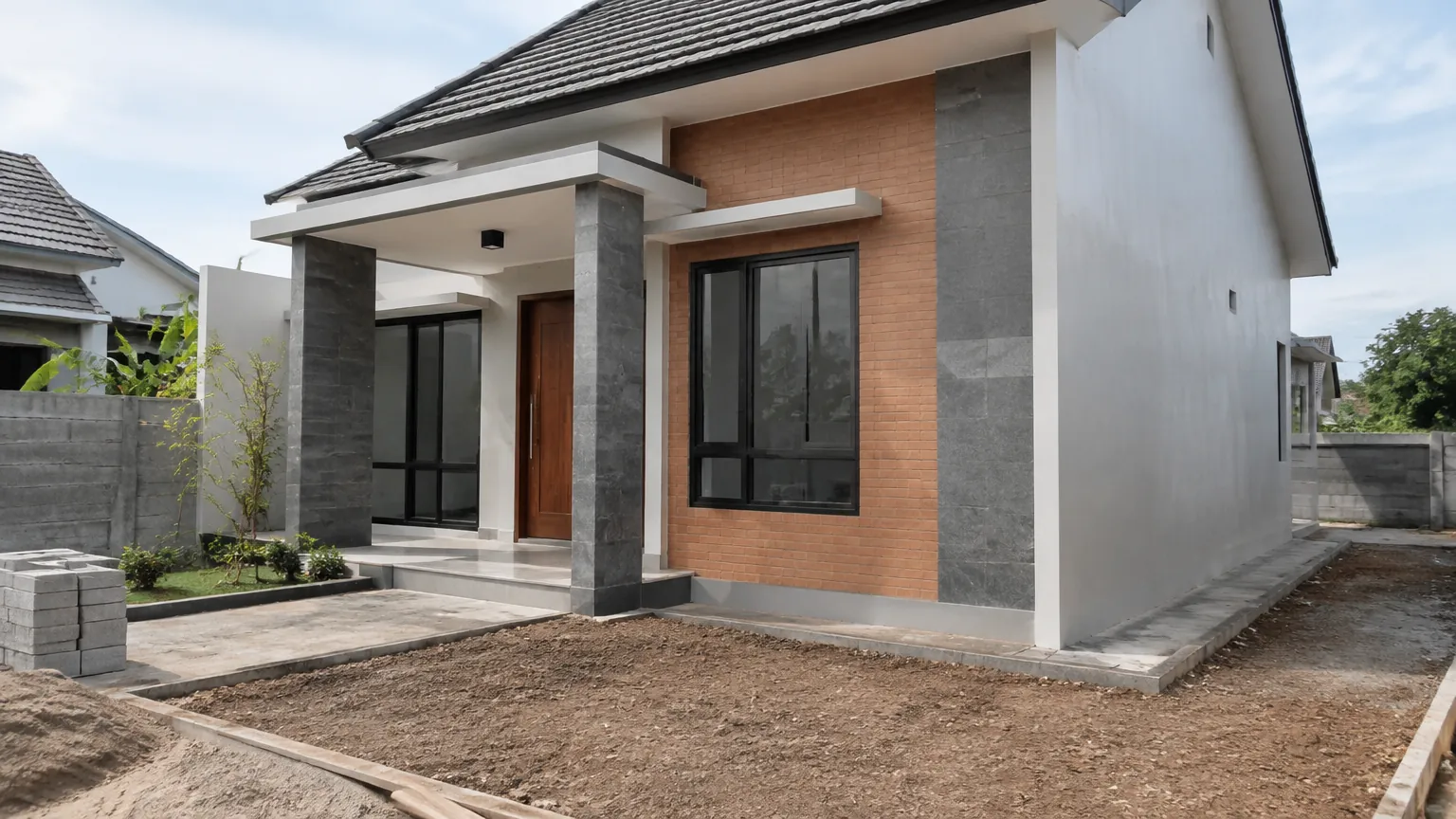 Rumah dengan bidang bata, plester, dan dinding luar yang belum selesai