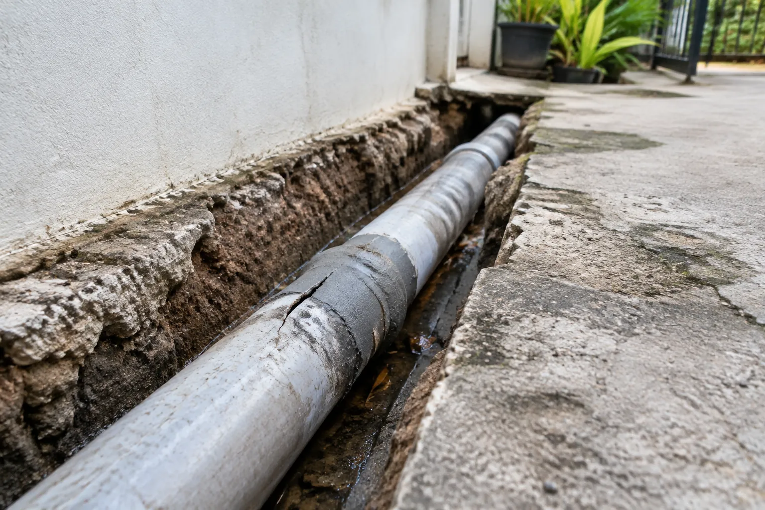 Pipa drainase lama tampak ditambal pada beberapa bagian dalam galian