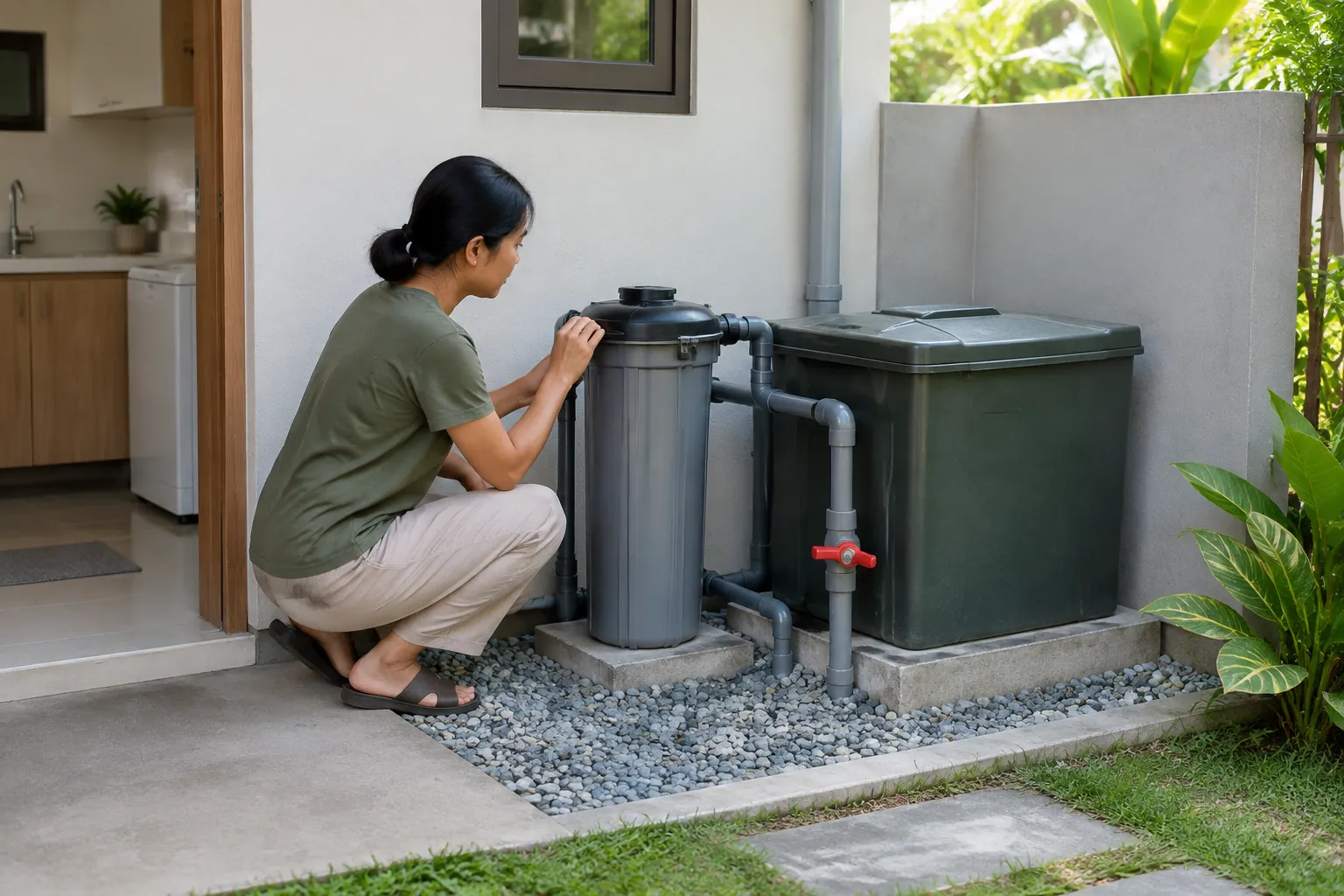 Pemeriksaan filter dan tangki tertutup pada area servis greywater