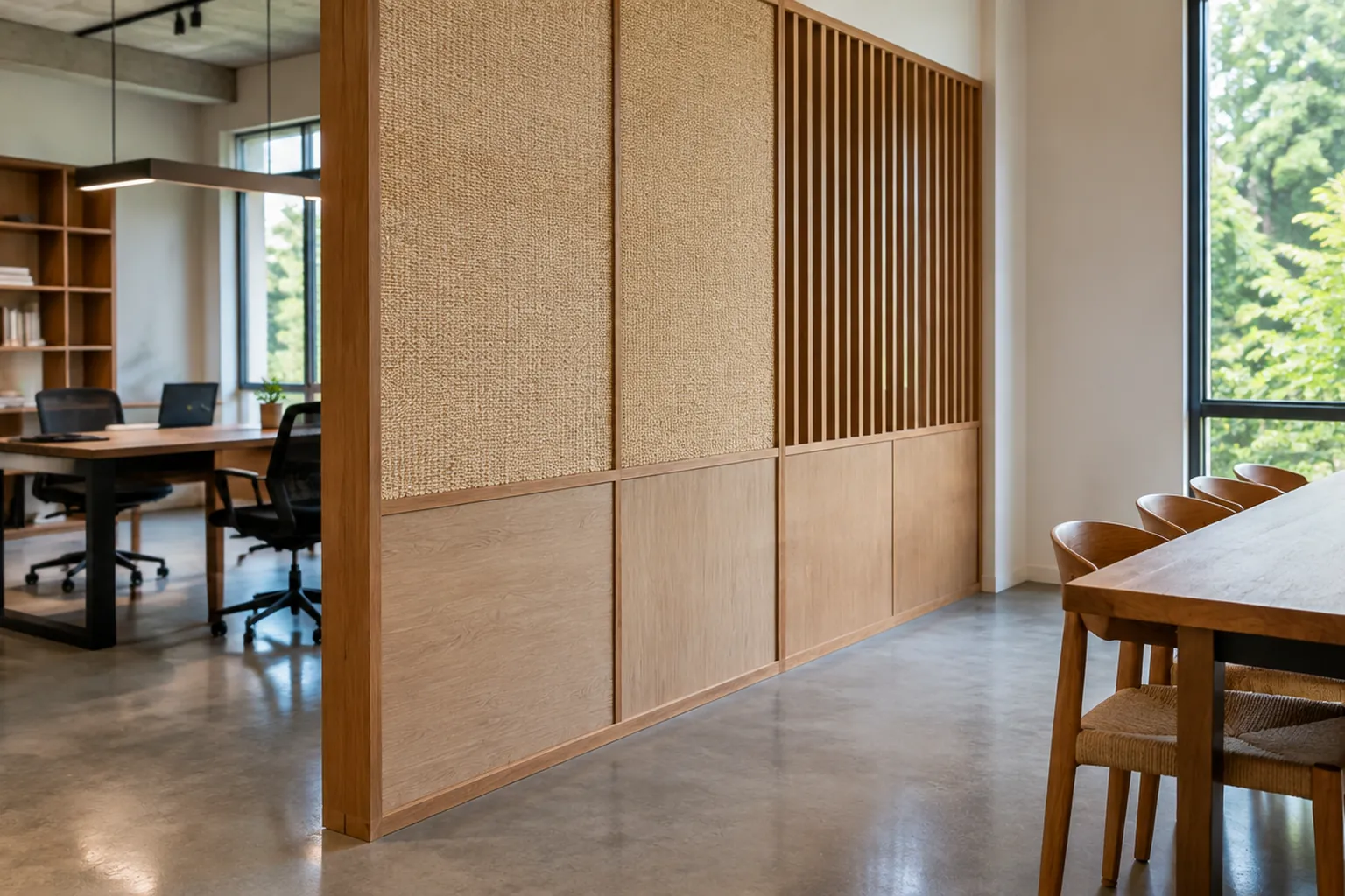 Partisi panel kayu di ruang kerja bersama.