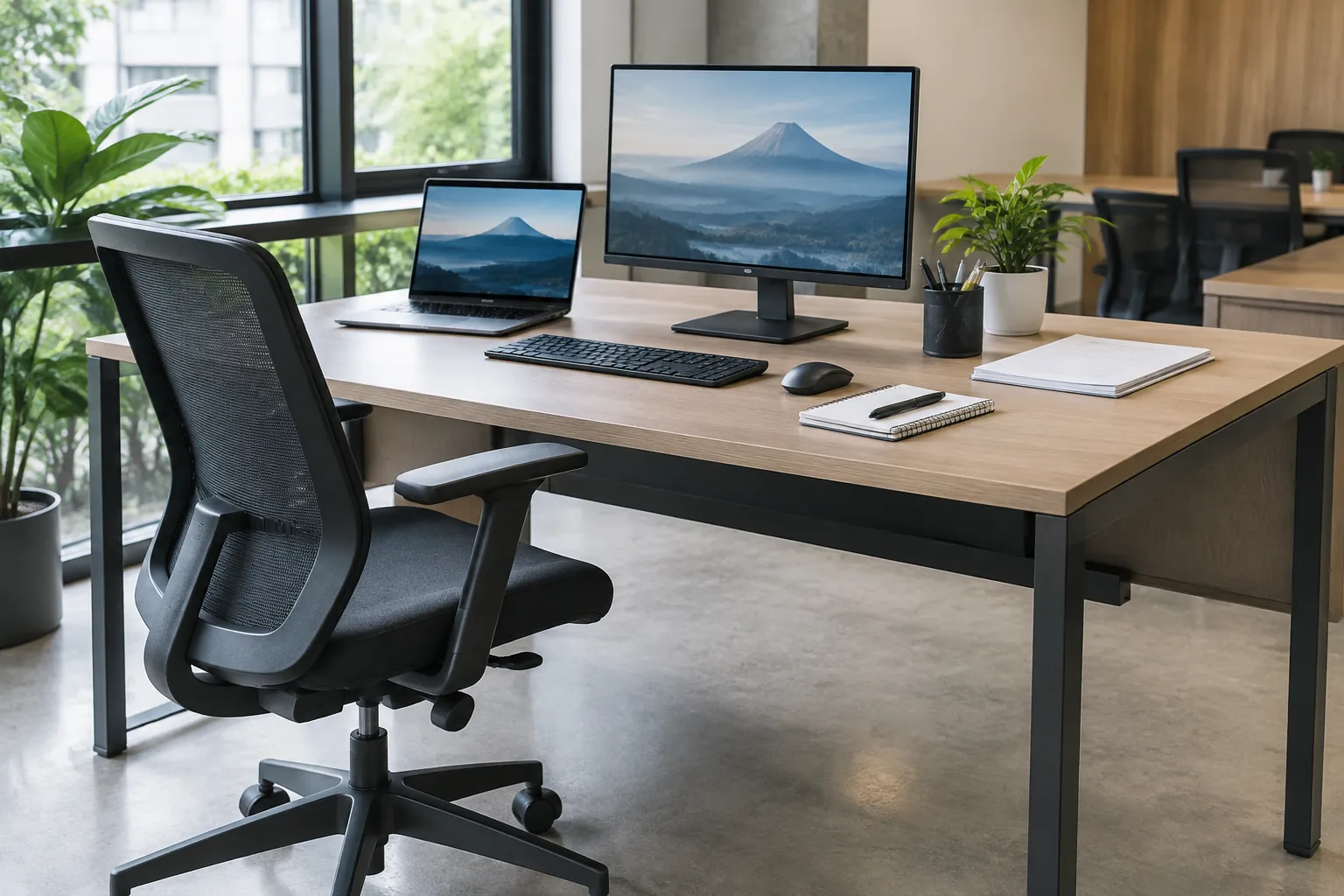 Beberapa meja dan kursi pada ruang kantor terbuka