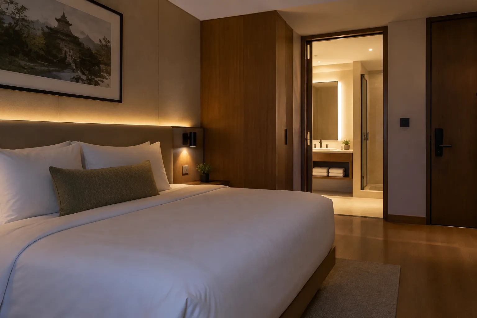 Kamar penginapan dengan lampu dinding di sisi tempat tidur