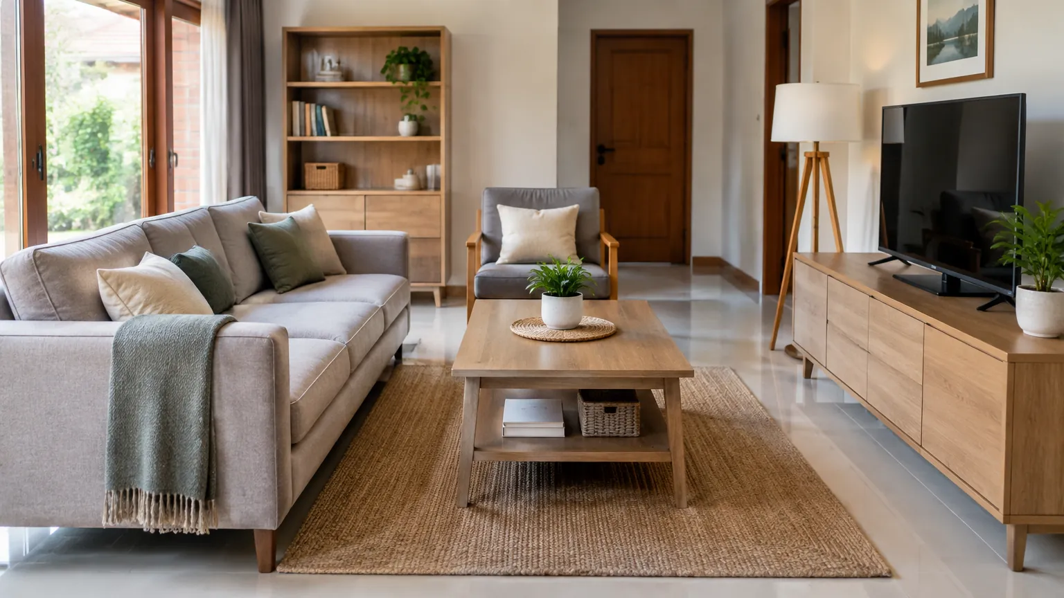 Sofa dan meja kayu di ruang tamu dengan lemari televisi