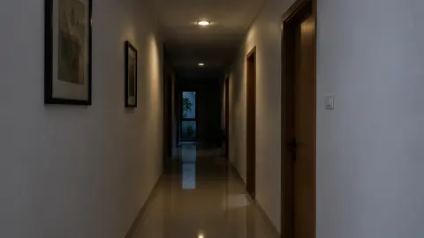 Lorong rumah yang gelap dengan lampu dinding