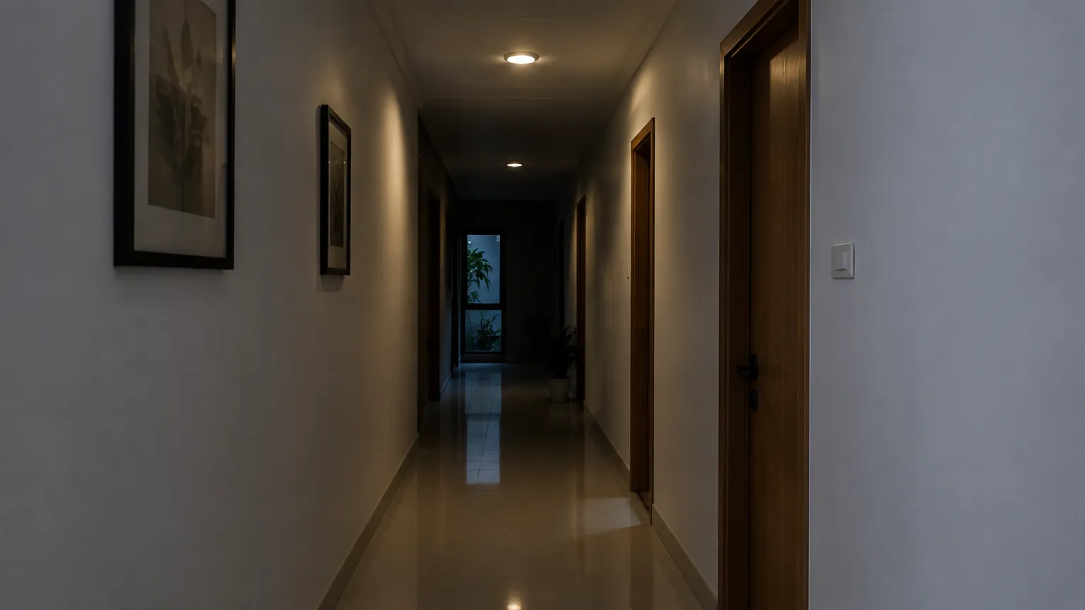 Lorong rumah yang gelap dengan lampu dinding