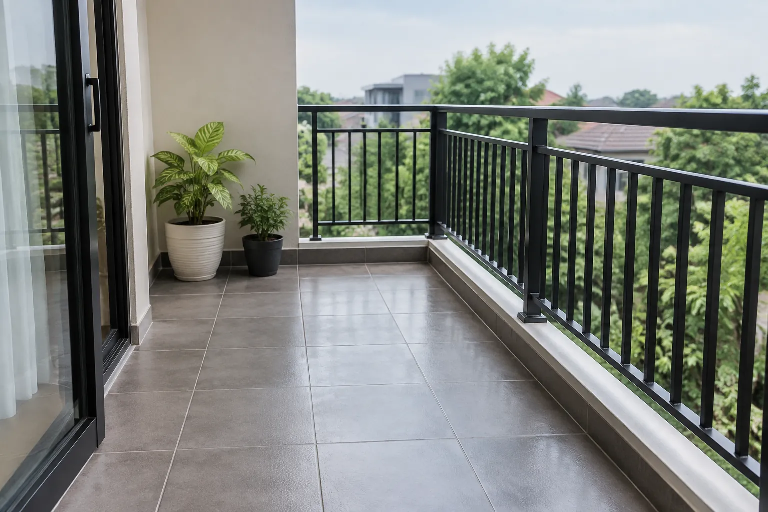 Balkon terbuka dengan pagar dan lantai tanpa penutup tambahan