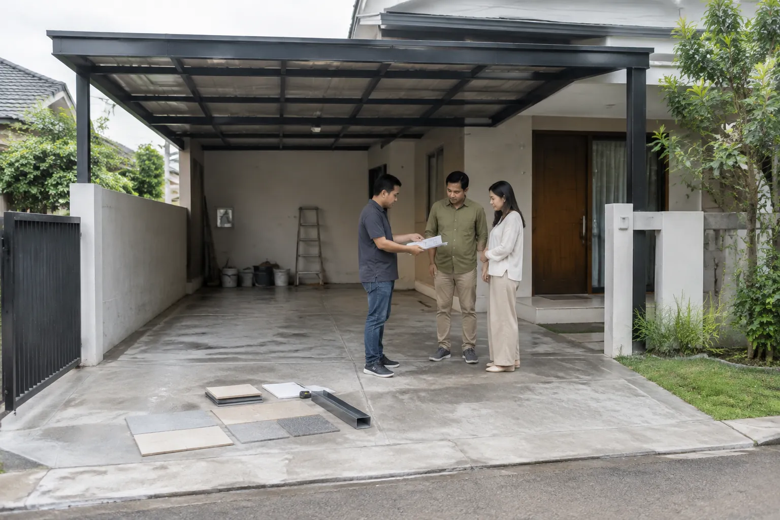 Beberapa orang meninjau carport yang sedang direnovasi