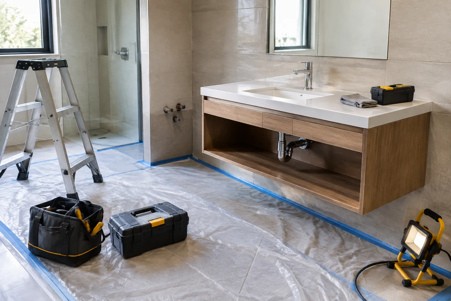 Area kamar mandi dilindungi sementara sebelum wastafel dipasang