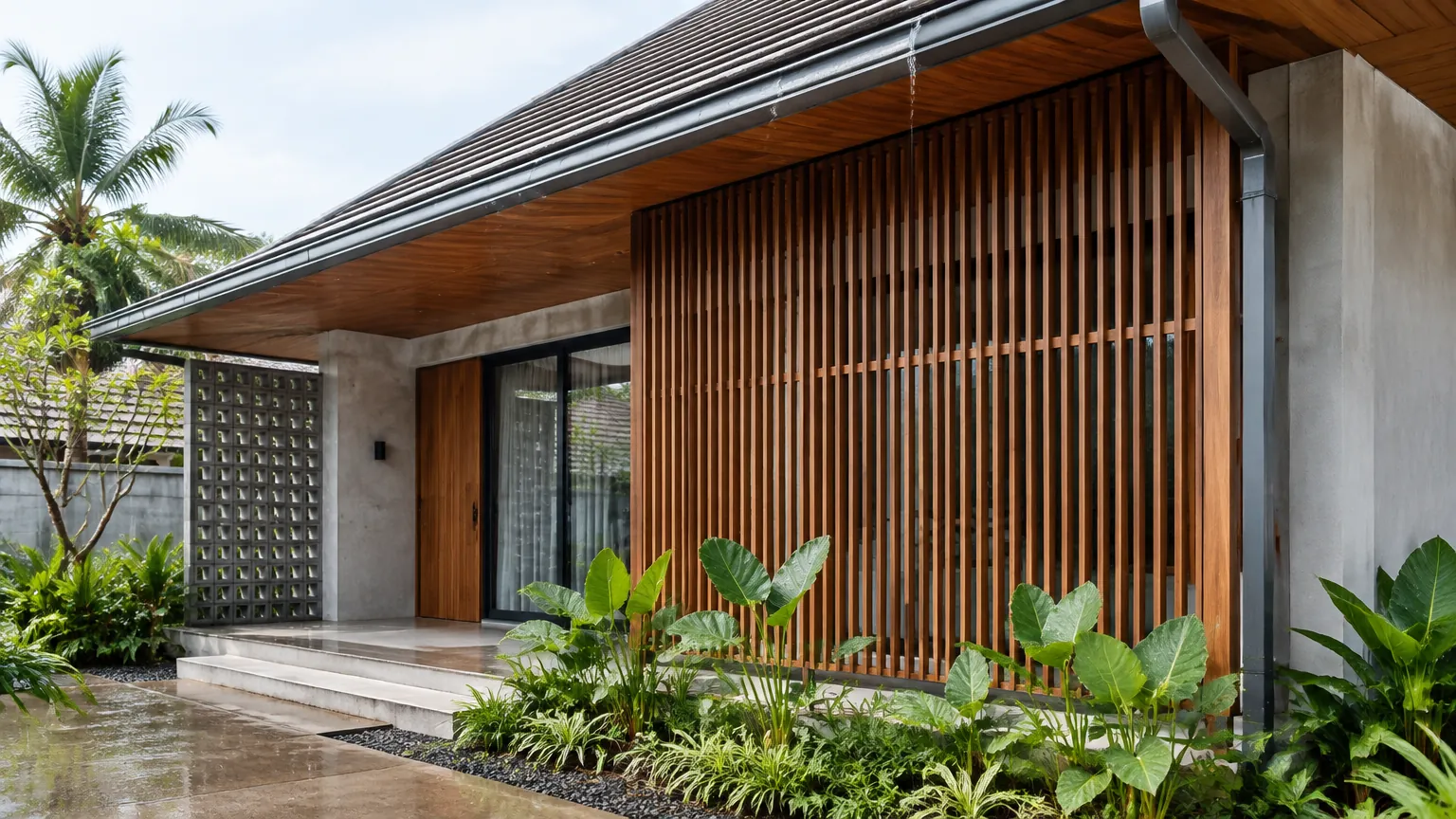 Fasad rumah dengan kisi kayu dan atap menjorok di tengah taman tropis