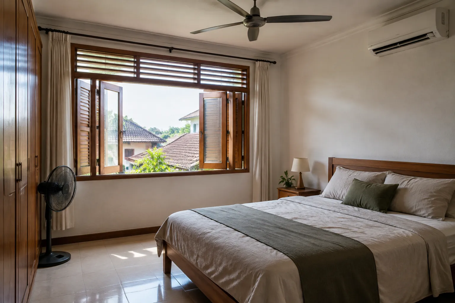 Jendela berbilah dan kipas berdiri di kamar tidur