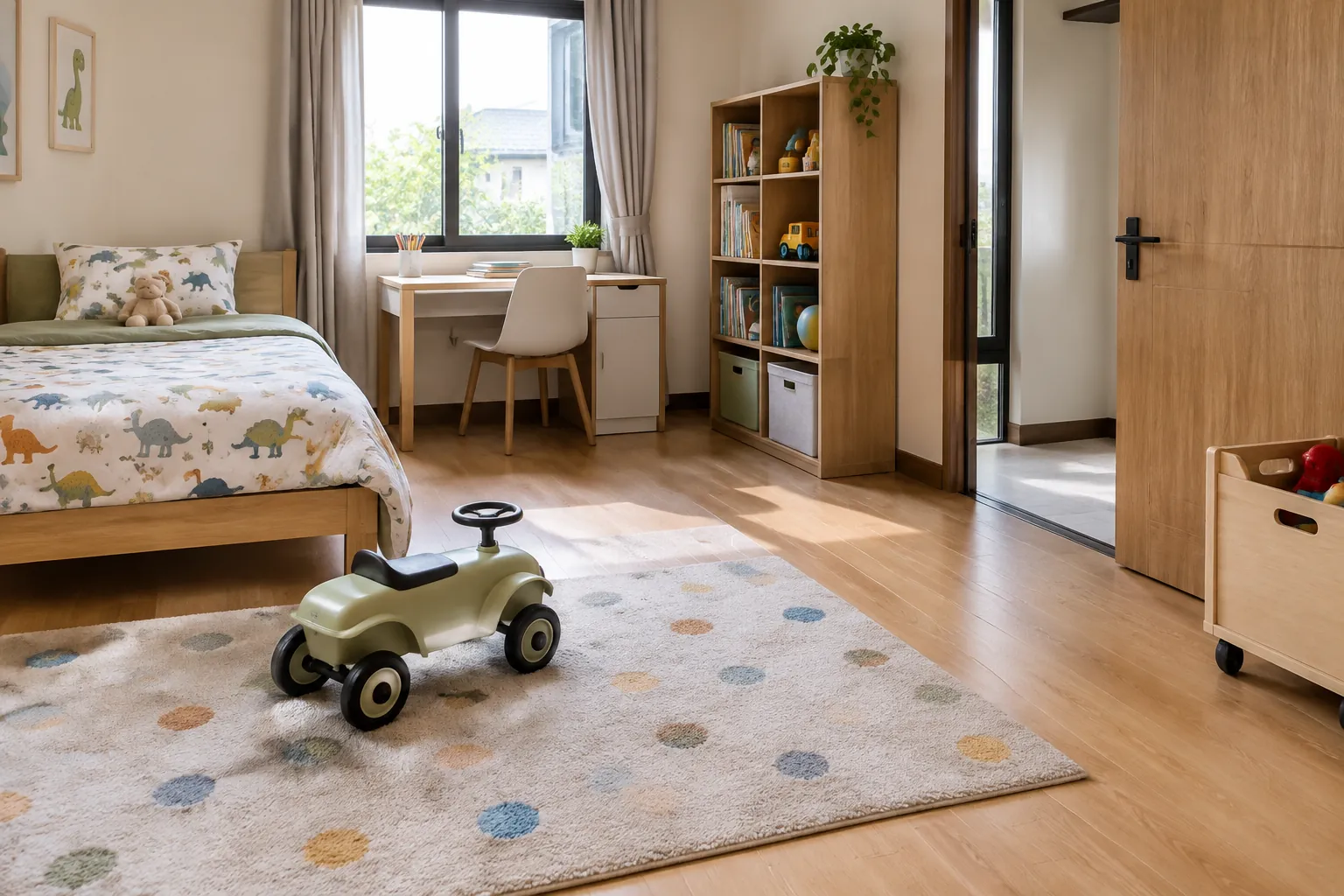 Mainan dan kendaraan kecil digunakan di lantai kamar anak
