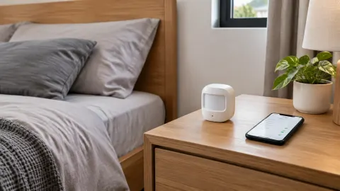 Perangkat kecil di meja samping tempat tidur dekat telepon