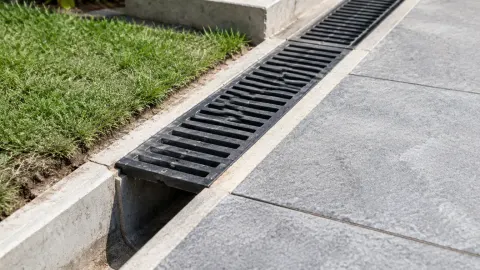 Saluran drainase berpagar kisi di tepi jalur luar