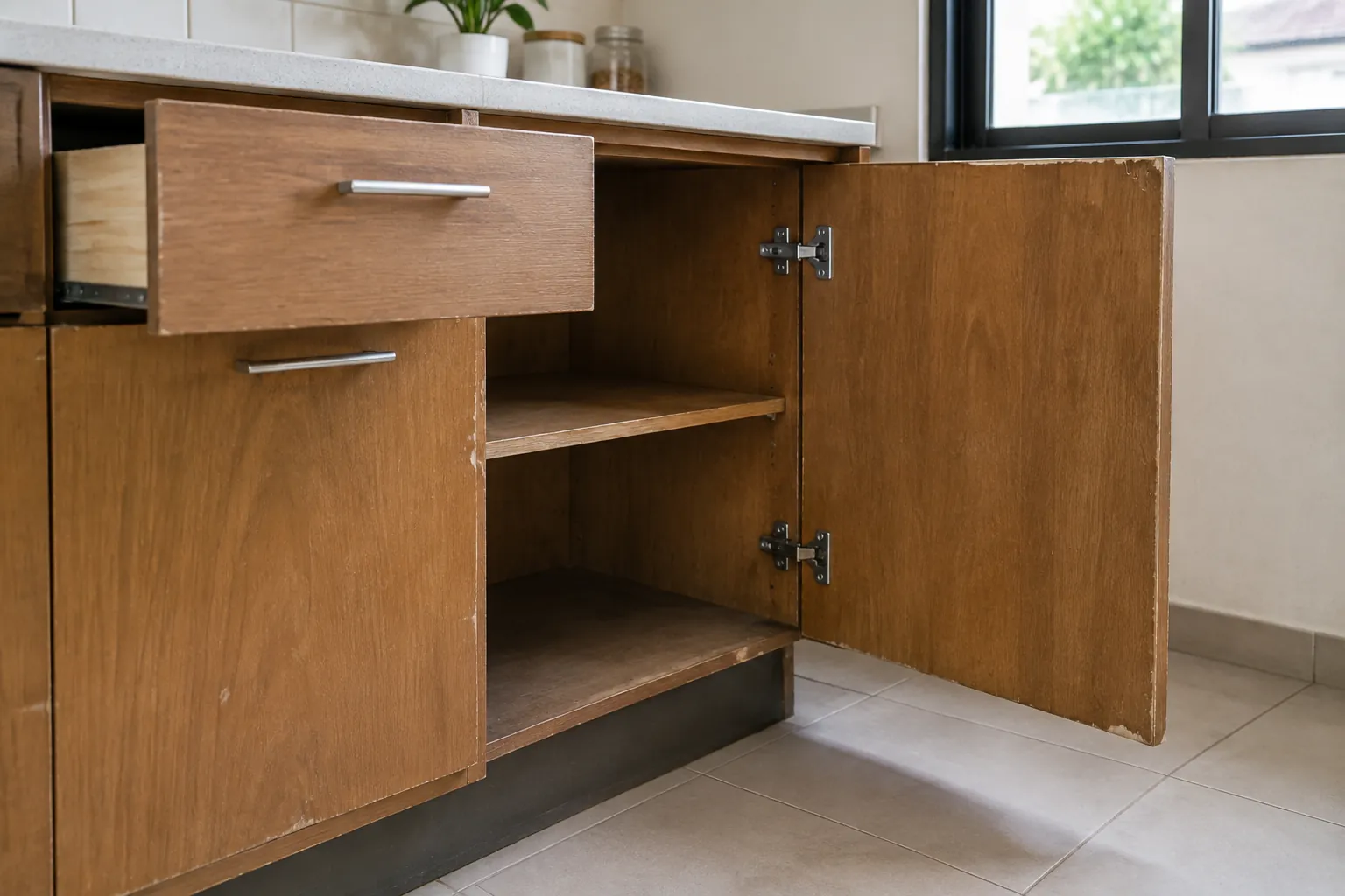 Kabinet kayu dengan laci dan pintu yang terbuka