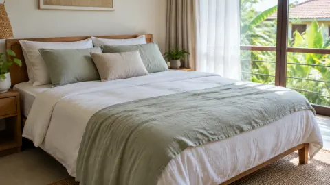 Tempat tidur dengan selimut hijau dan tirai dekat jendela