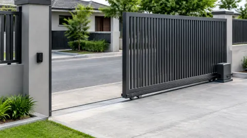 Gerbang logam geser terbuka di depan rumah