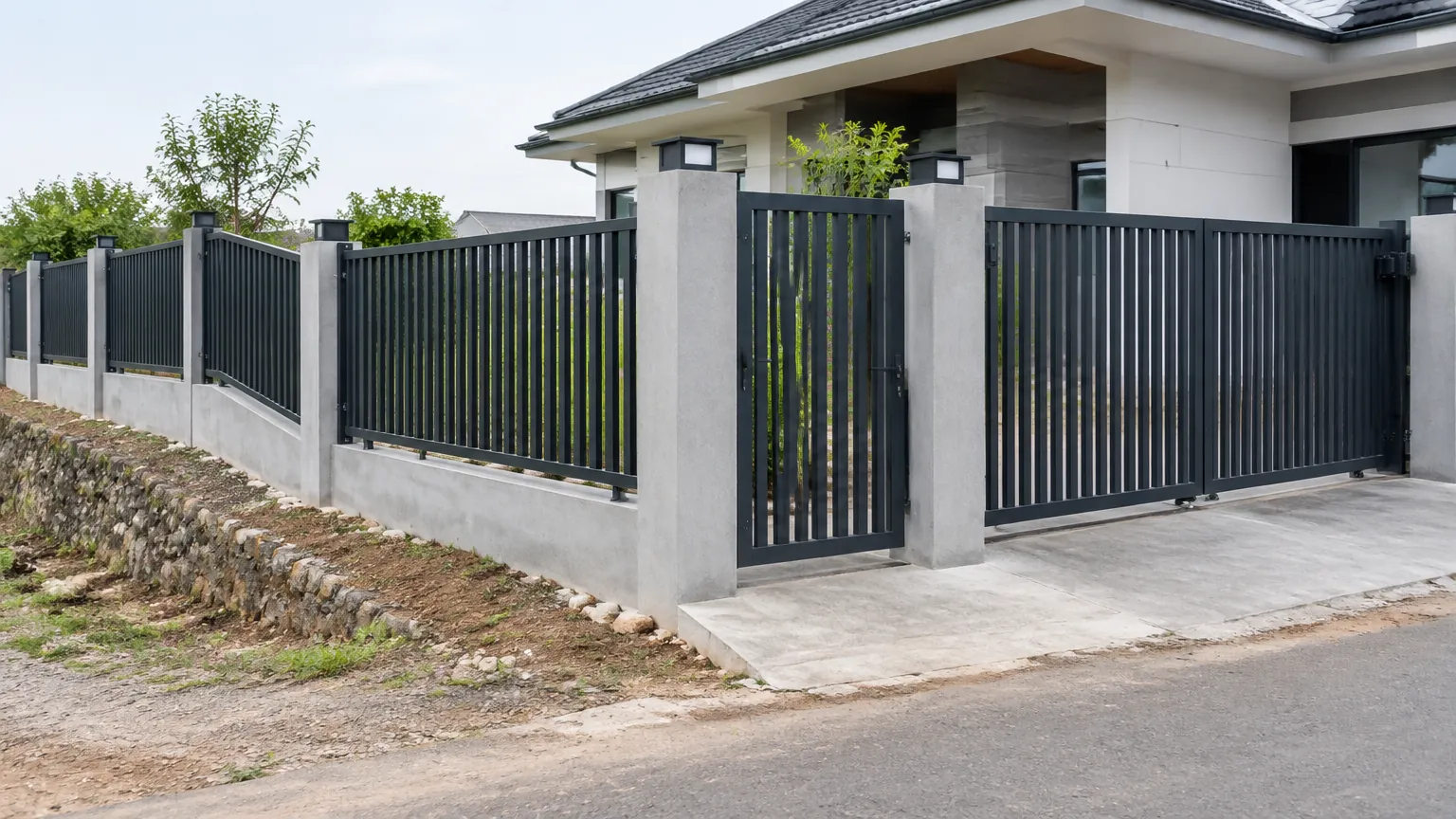 Pagar logam dan gerbang pada lahan rumah di tepi jalan