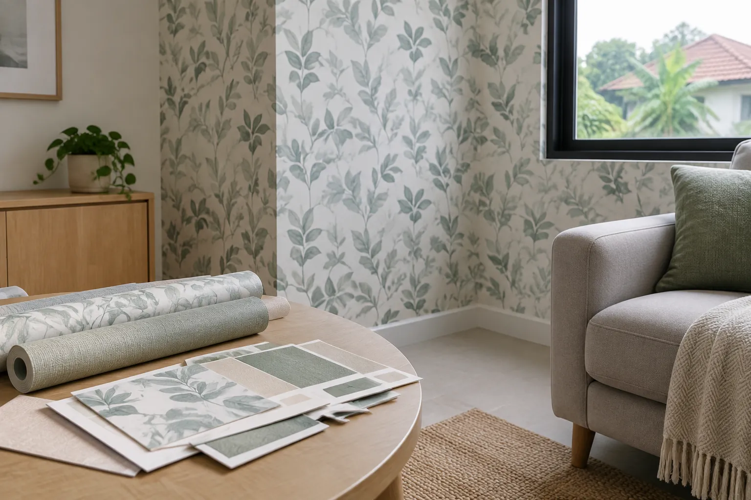 Wallpaper bermotif daun di dinding ruang duduk