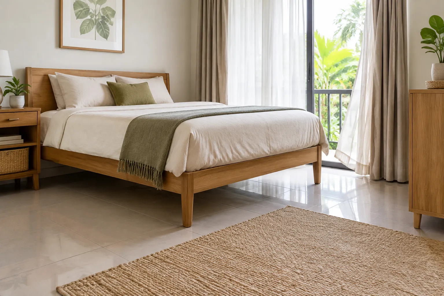 Tempat tidur dan karpet ditata dengan ruang lantai yang mudah dijangkau