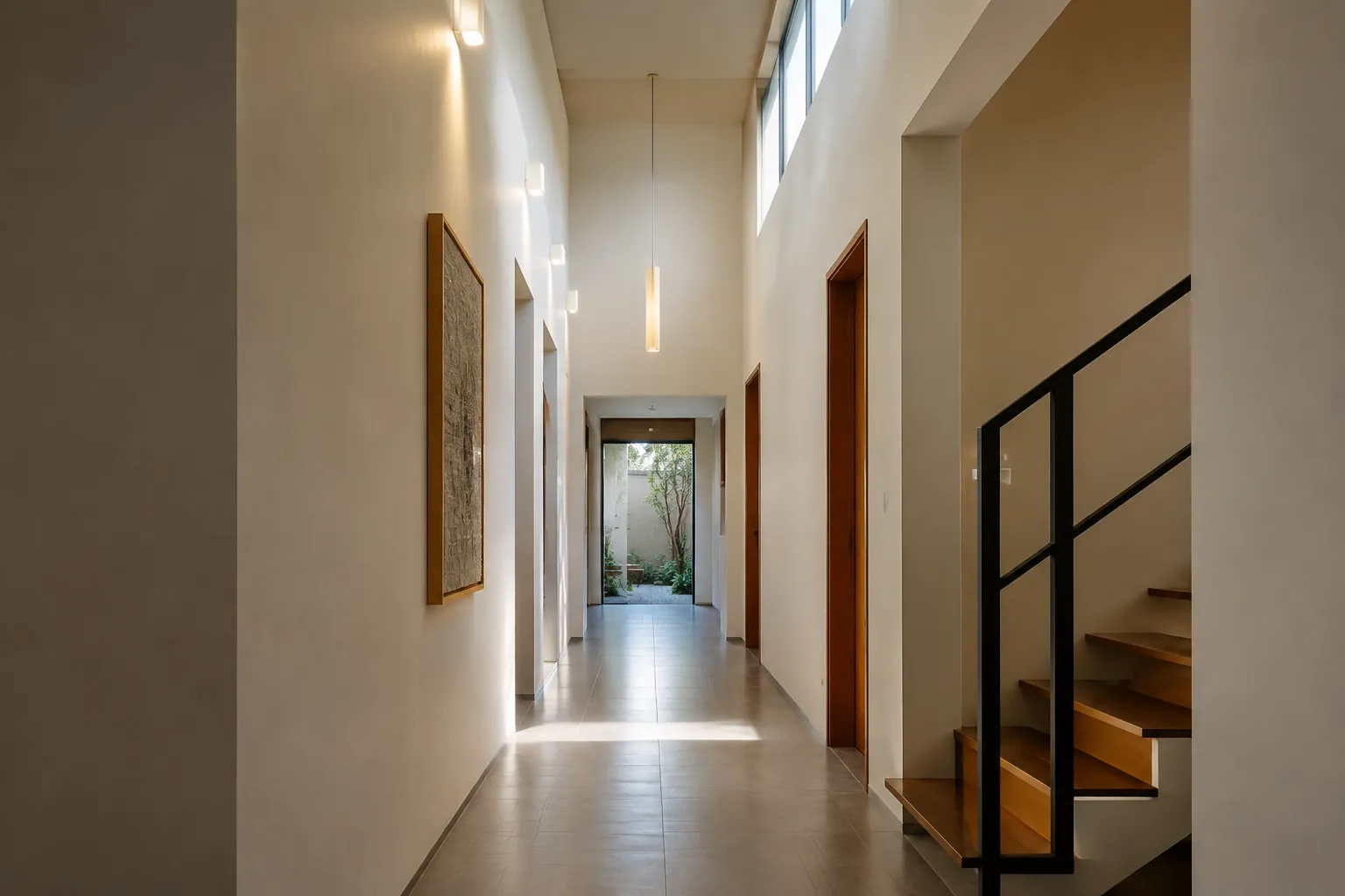 Lorong tinggi dengan bukaan atas dan lampu dinding