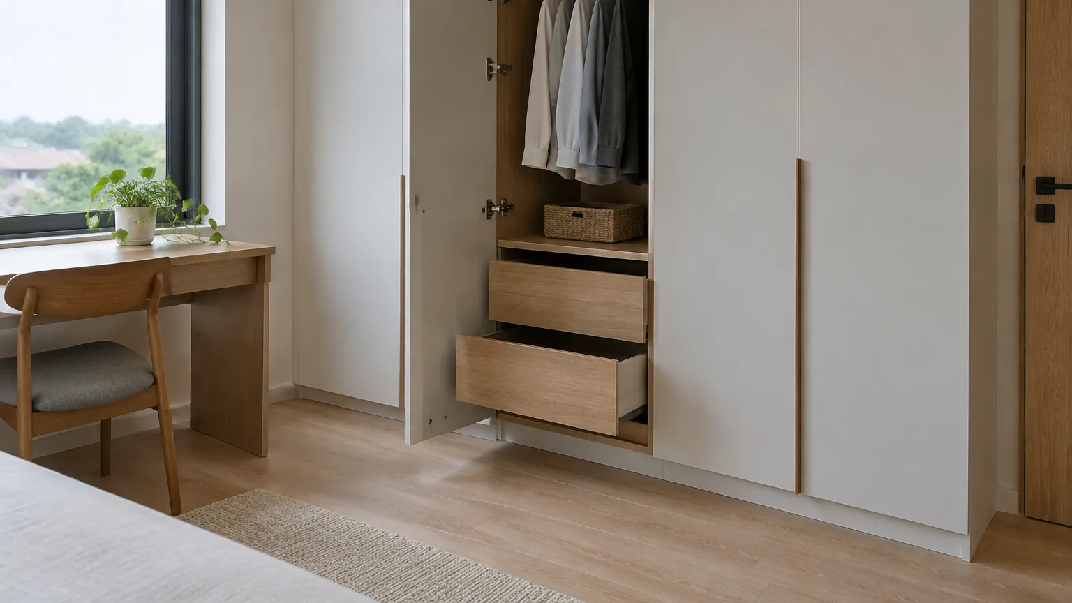 Kabinet pakaian dengan laci terbuka di kamar tidur