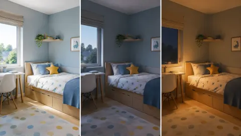 Perbandingan tampilan warna kamar anak pada tiga suasana cahaya