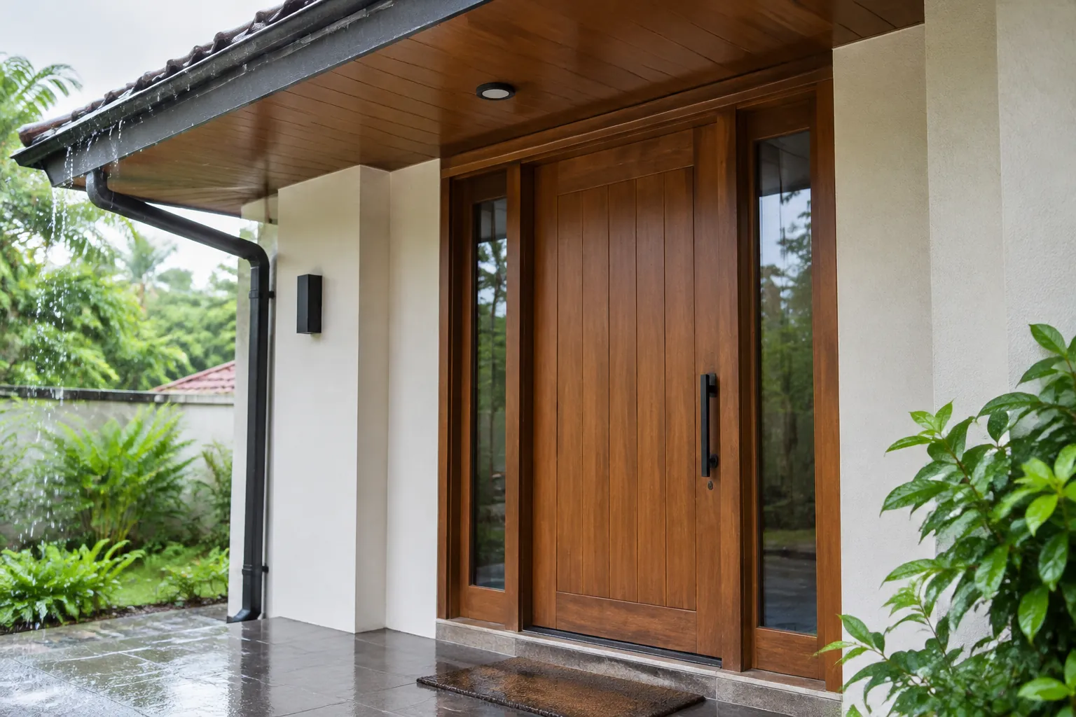 Daun pintu kayu dan naungan atap pada pintu masuk rumah