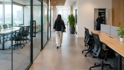 Koridor kantor di antara ruang kerja berkaca