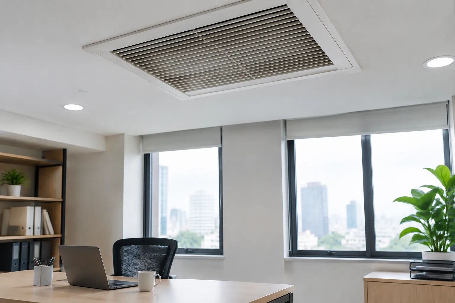 Kisi ventilasi plafon ruang kerja terlihat berdebu