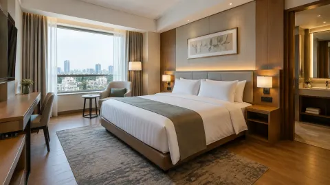 Kamar hotel dengan tempat tidur, meja, dan jendela besar