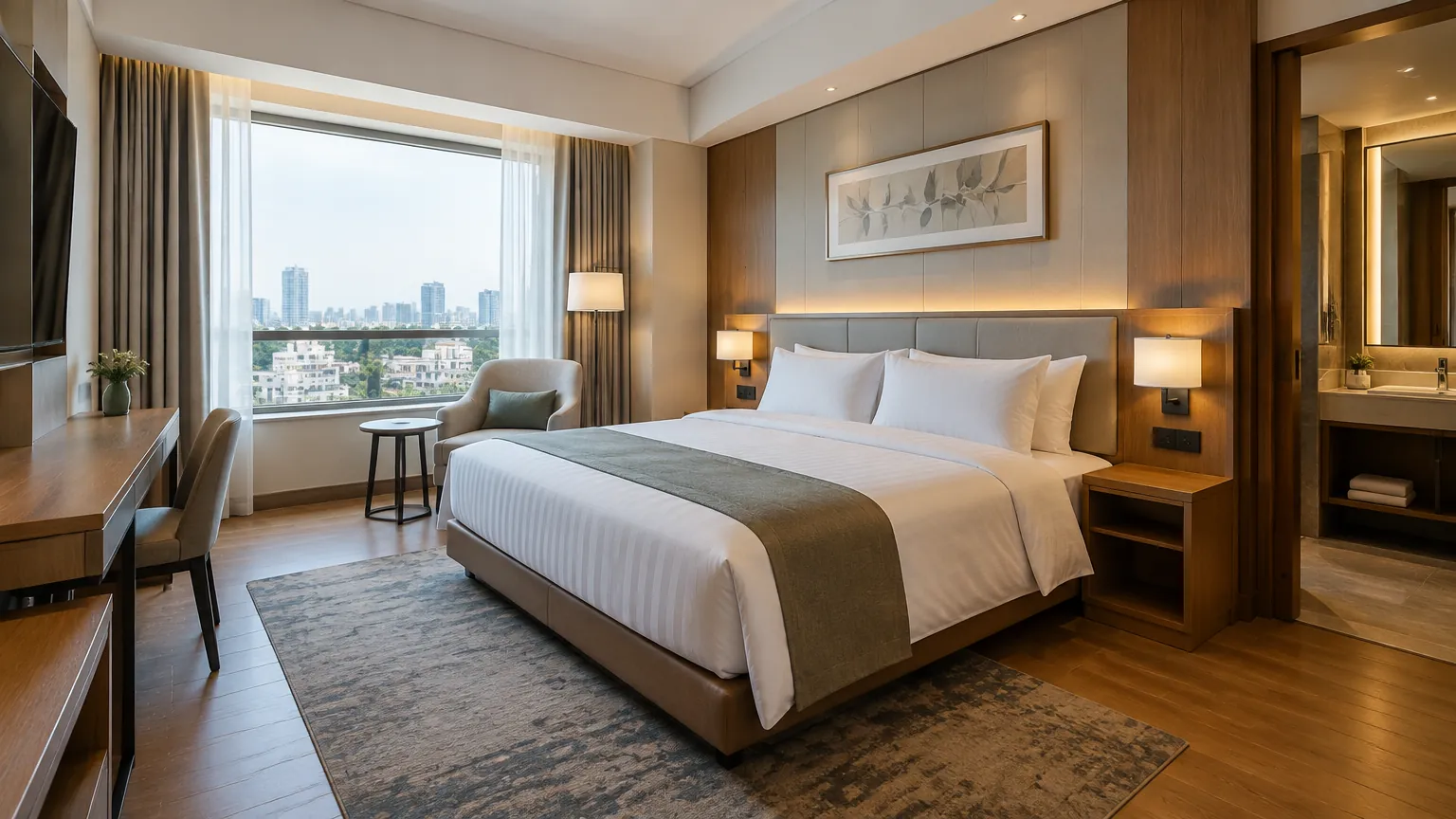 Kamar hotel dengan tempat tidur, meja, dan jendela besar