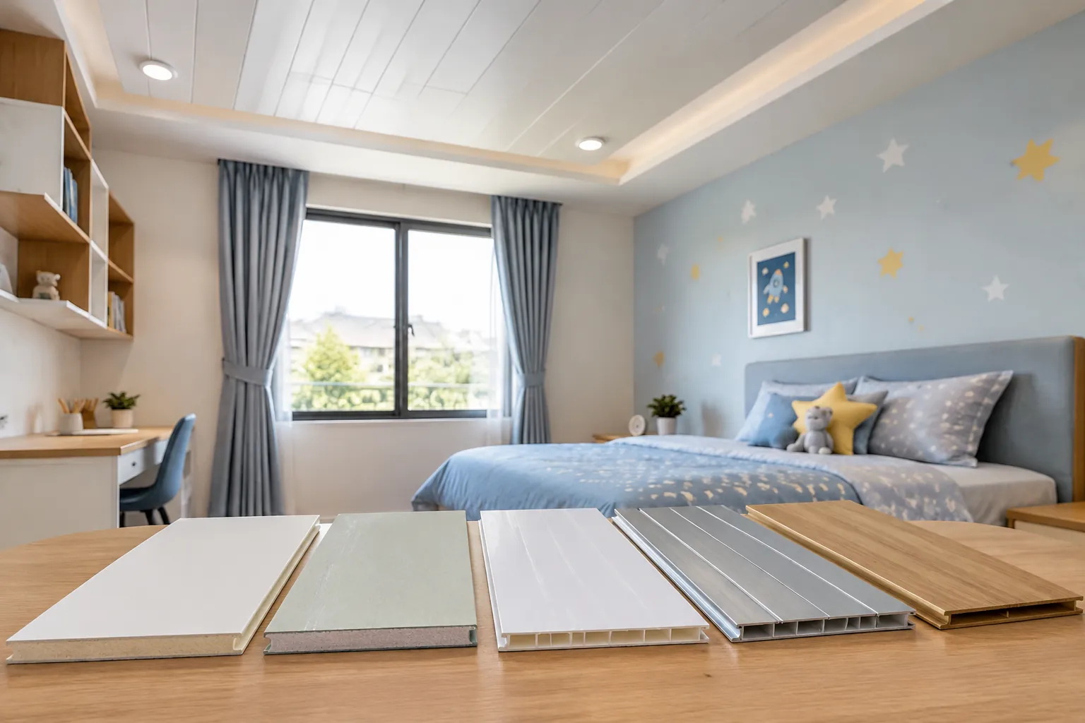 Beberapa contoh bahan penutup plafon diletakkan di meja kamar anak