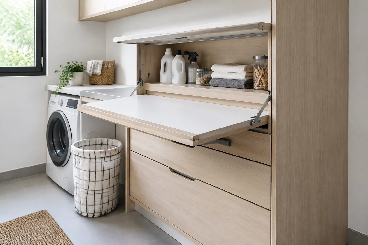 Meja lipat tersembunyi yang ditarik dari kabinet laundry