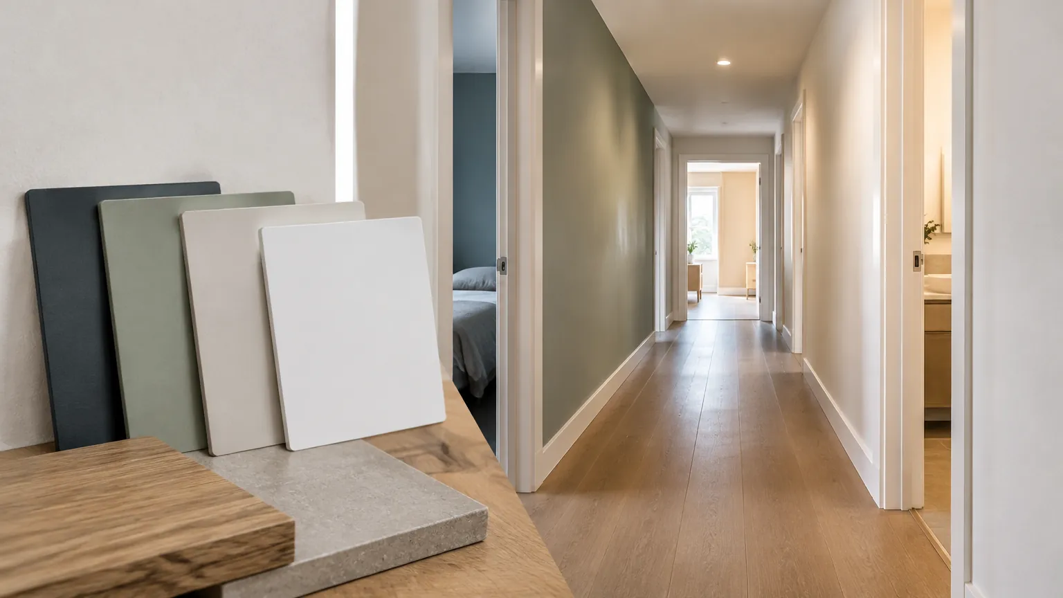 Lorong rumah dengan sampel warna dinding di bagian depan