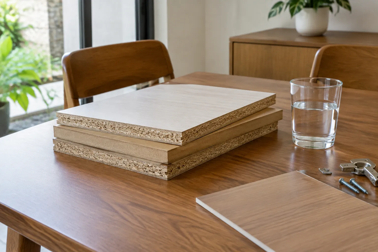 Contoh papan furnitur disusun di atas meja kayu