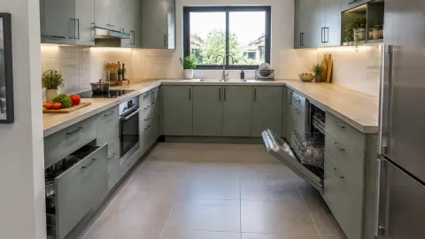 Kitchen set berbentuk U dengan kabinet hijau